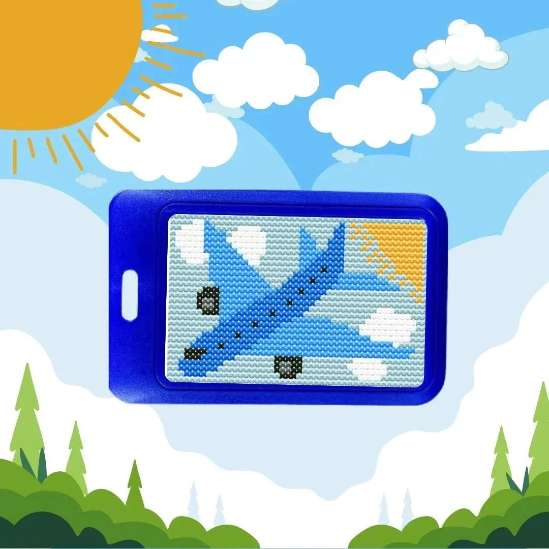 Blue airplane cross stitch luggage tag kit — a flight attendant gift idea