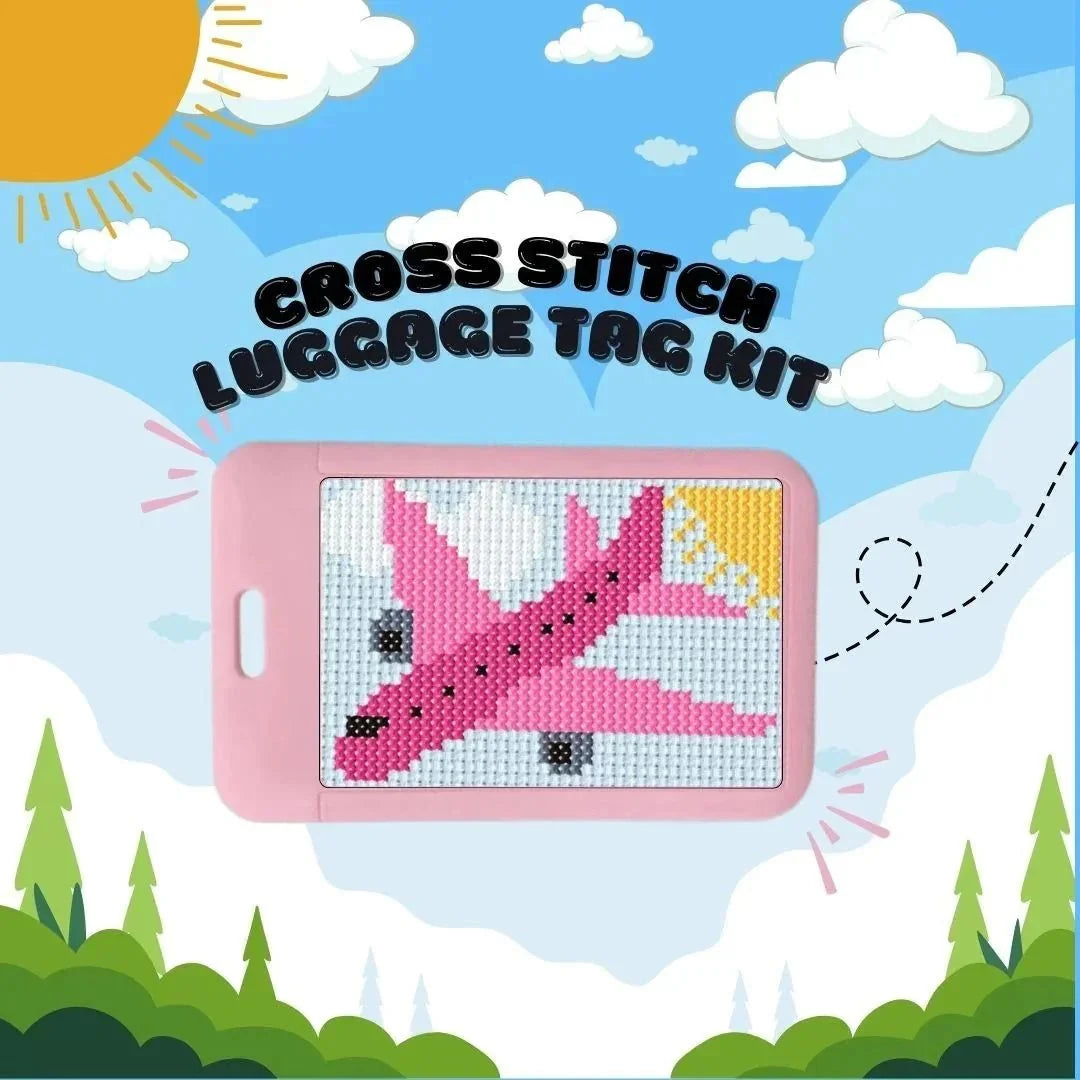 Pink airplane cross stitch luggage tag kit — a gift idea for flight attendants