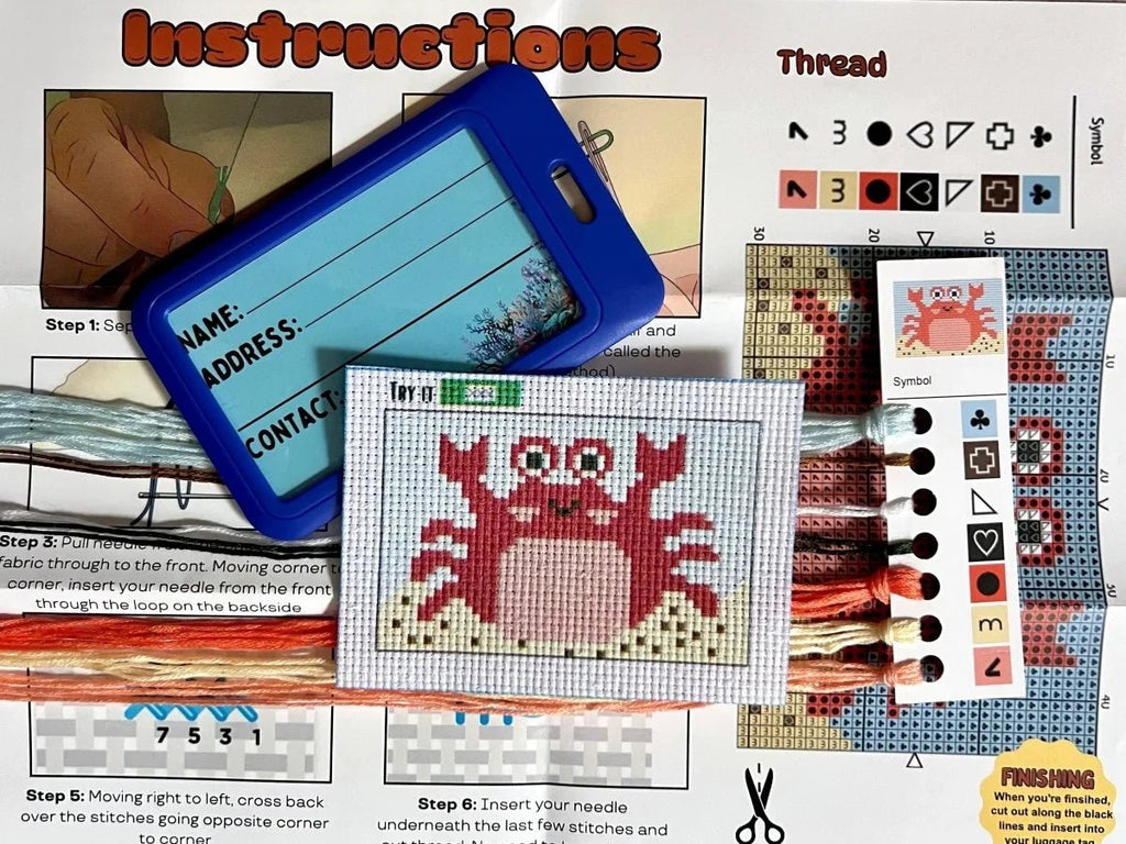 Cross-stitching kit with pattern, thread colors, and instructions on a table.