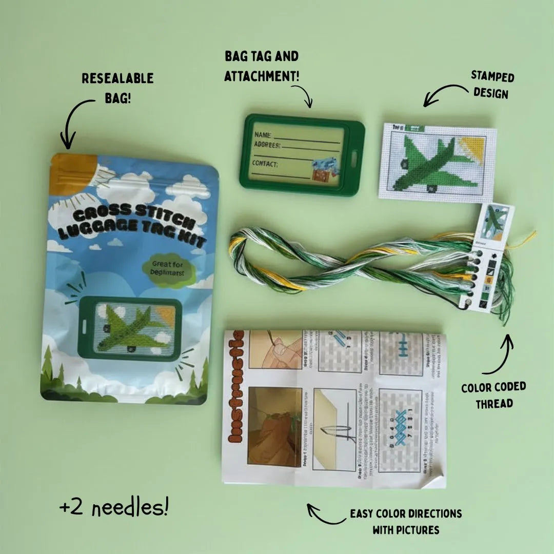Green Airplane cross stitch luggage tag — completed beginner craft by Jumpseat Therapy