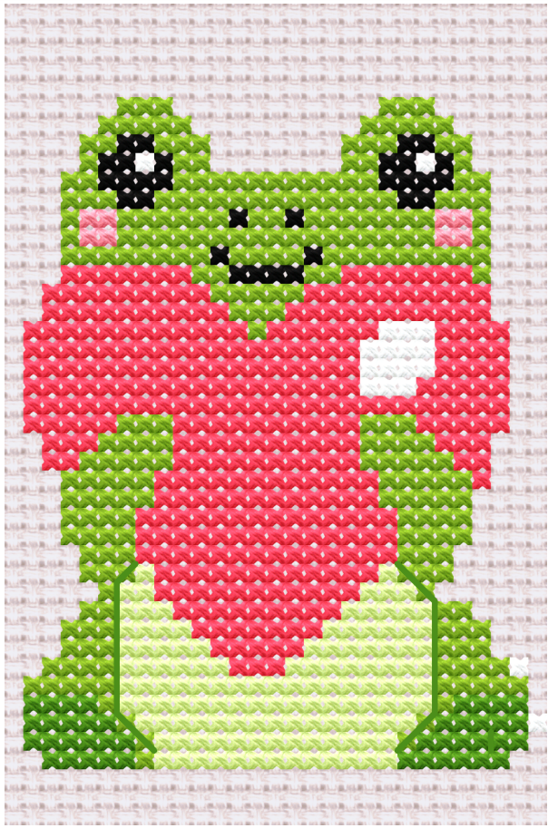 Adorable frog cross-stitch pattern holding a cute red heart