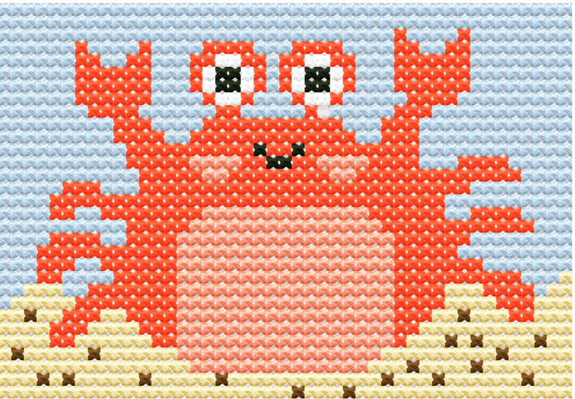 Adorable red crab cross-stitch pattern on a sandy beach!