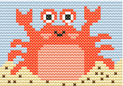 Adorable red crab cross-stitch pattern on a sandy beach!
