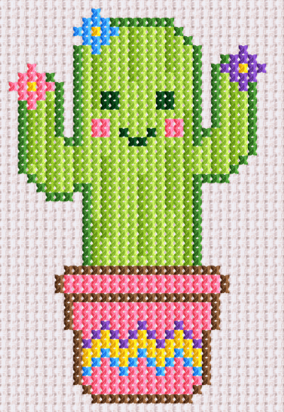 Adorable smiling cactus cross-stitch with colorful flowers