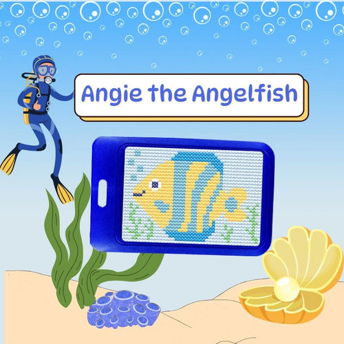 Illustration of a diver with 'Angie the Angelfish' text and a cross-stitch pattern of an angelfish.
