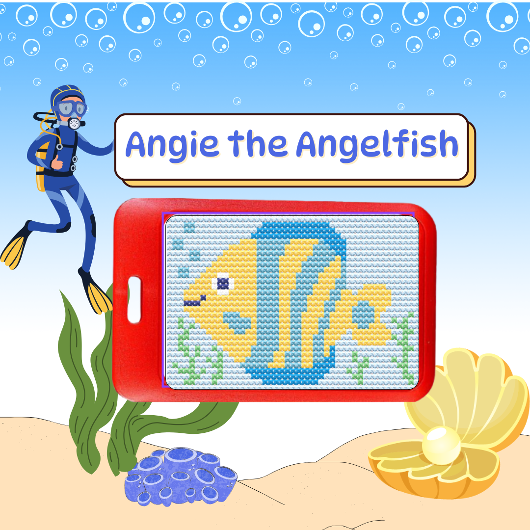 Angie the Angelfish beginner cross stitch luggage tag kit by Jumpseat Therapy — tropical ocean travel accessory