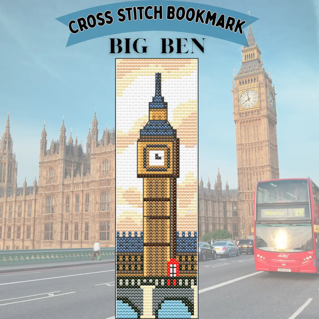 Cross stitch bookmark design of Big Ben with London skyline and red bus in the background
