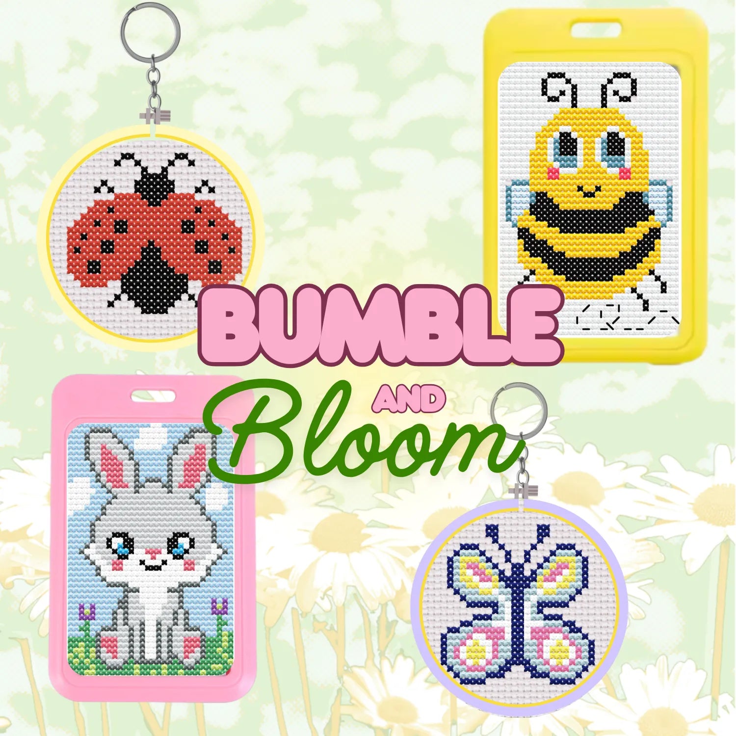 Cross-stitch keychains and cards with cartoon designs on a floral background, featuring the brand 'Bumble and Bloom'.