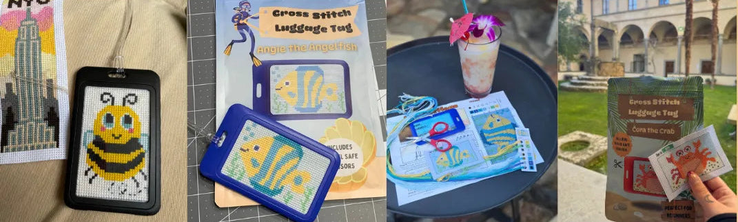 Collage of cross stitch projects and promotional text for learning cross stitch.