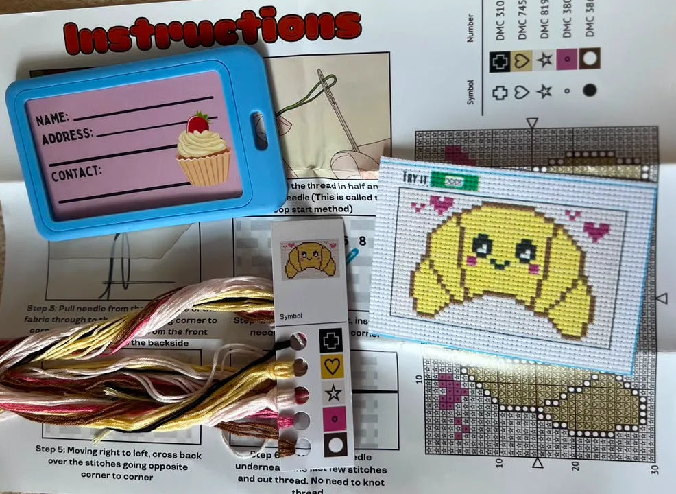 Casey the Croissant beginner cross stitch luggage tag kit by Jumpseat Therapy (view 2)