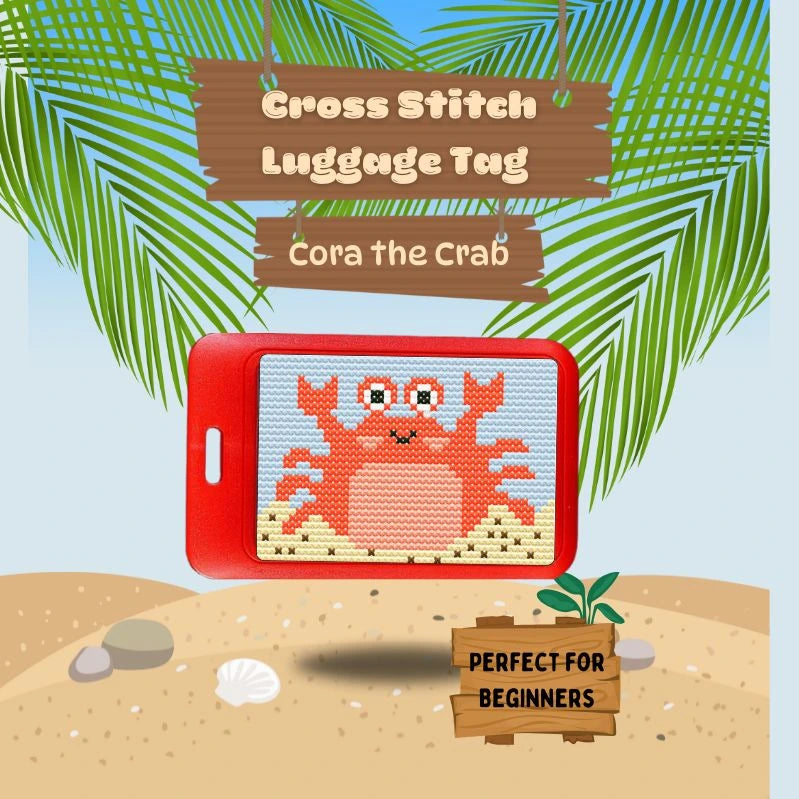 Cora the Crab beginner cross stitch luggage tag kit by Jumpseat Therapy — ocean travel accessory