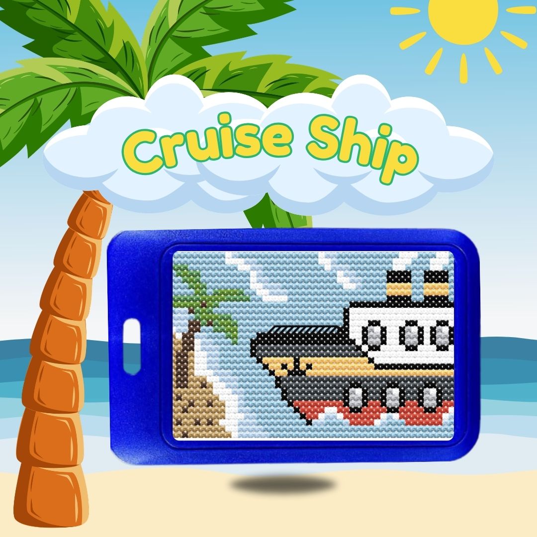 Cruise Ship beginner cross stitch luggage tag kit by Jumpseat Therapy