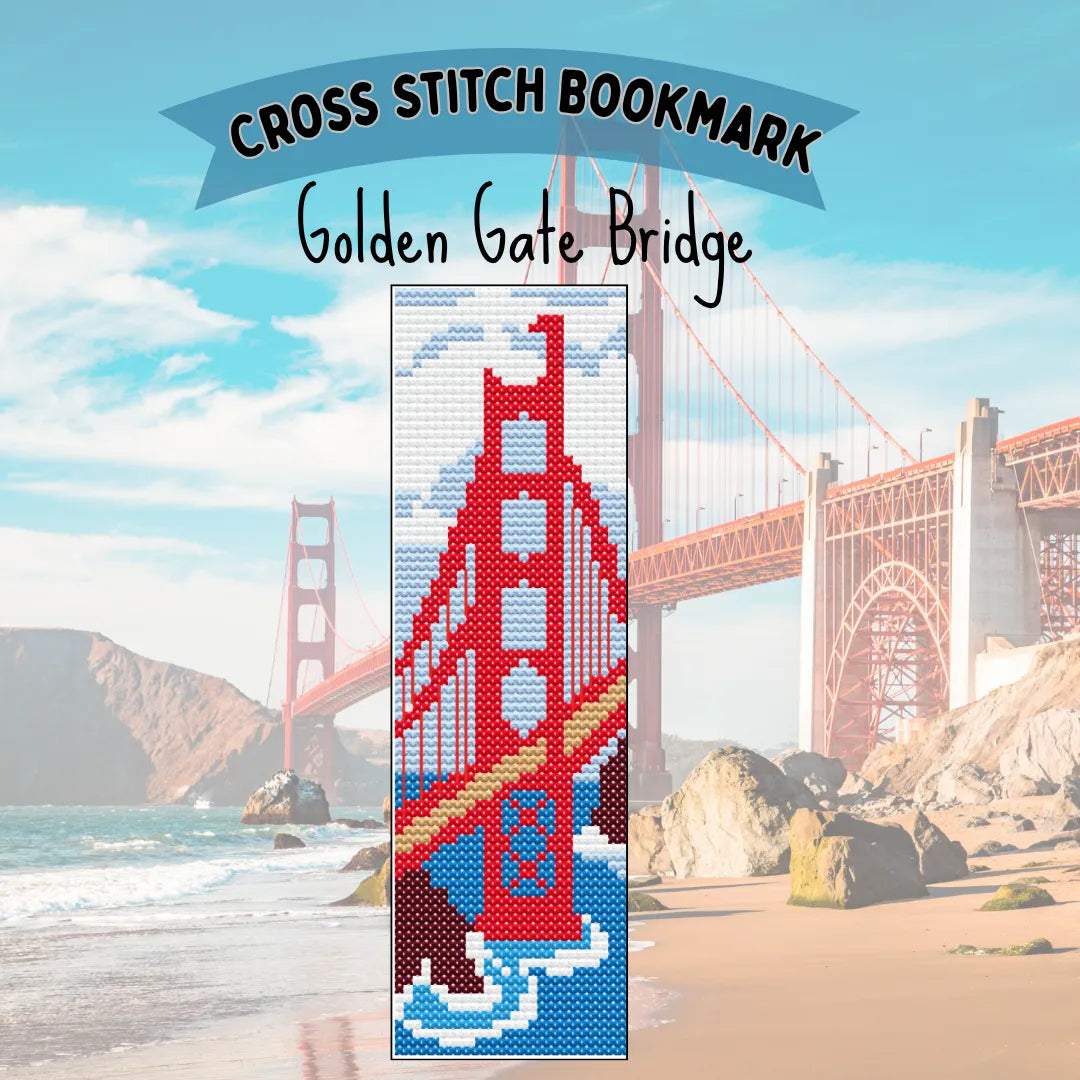 Cross stitch bookmark design of the Golden Gate Bridge with a scenic background.