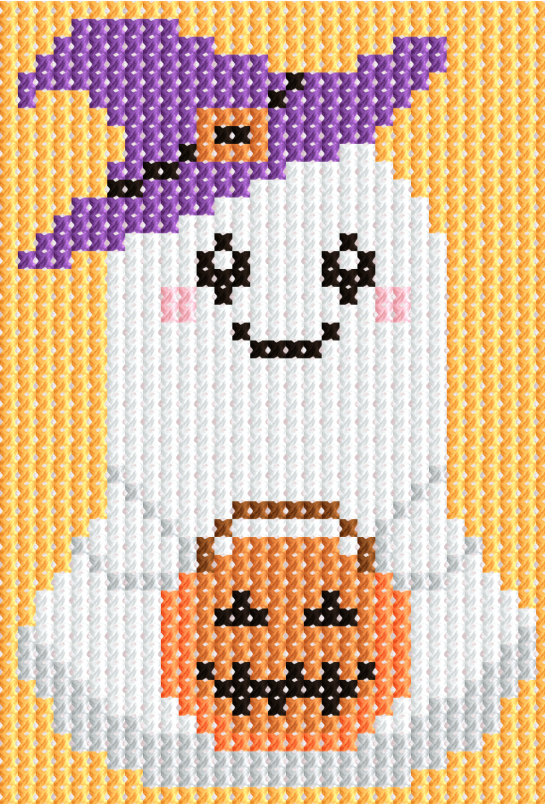 A kawaii-style cross-stitch pattern featuring an adorable white ghost wearing a purple witch hat with a tiny orange buckle, holding a smiling jack-o'-lantern candy bucket. Set against a warm orange background, this Jumpseat Therapy (JST) cross-stitch kit is perfect for Halloween-themed creative mindfulness and stress relief, ideal for travel-friendly stitching