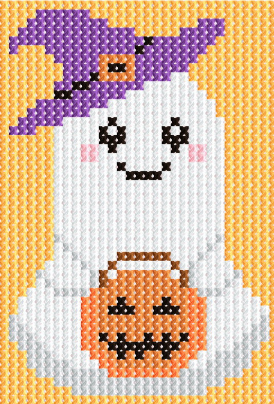 A kawaii-style cross-stitch pattern featuring an adorable white ghost wearing a purple witch hat with a tiny orange buckle, holding a smiling jack-o'-lantern candy bucket. Set against a warm orange background, this Jumpseat Therapy (JST) cross-stitch kit is perfect for Halloween-themed creative mindfulness and stress relief, ideal for travel-friendly stitching