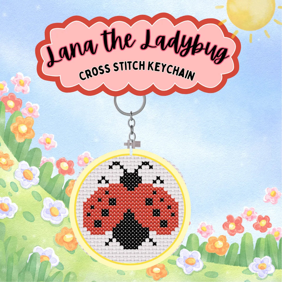 Cross stitch keychain with ladybug design on a colorful background
