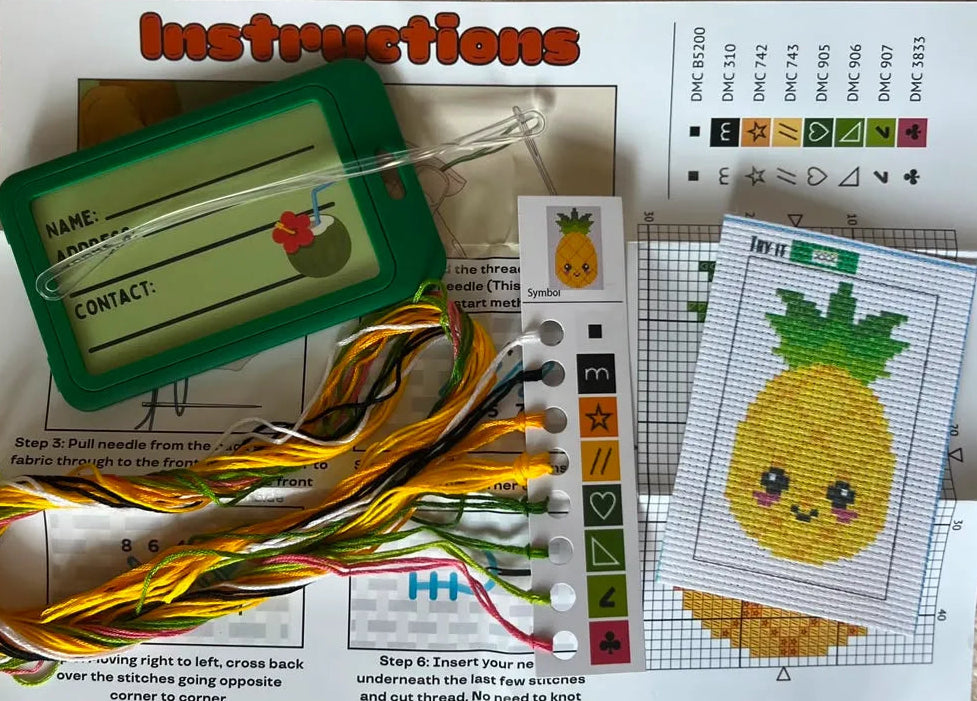 Larry the Pineapple beginner cross stitch luggage tag kit by Jumpseat Therapy