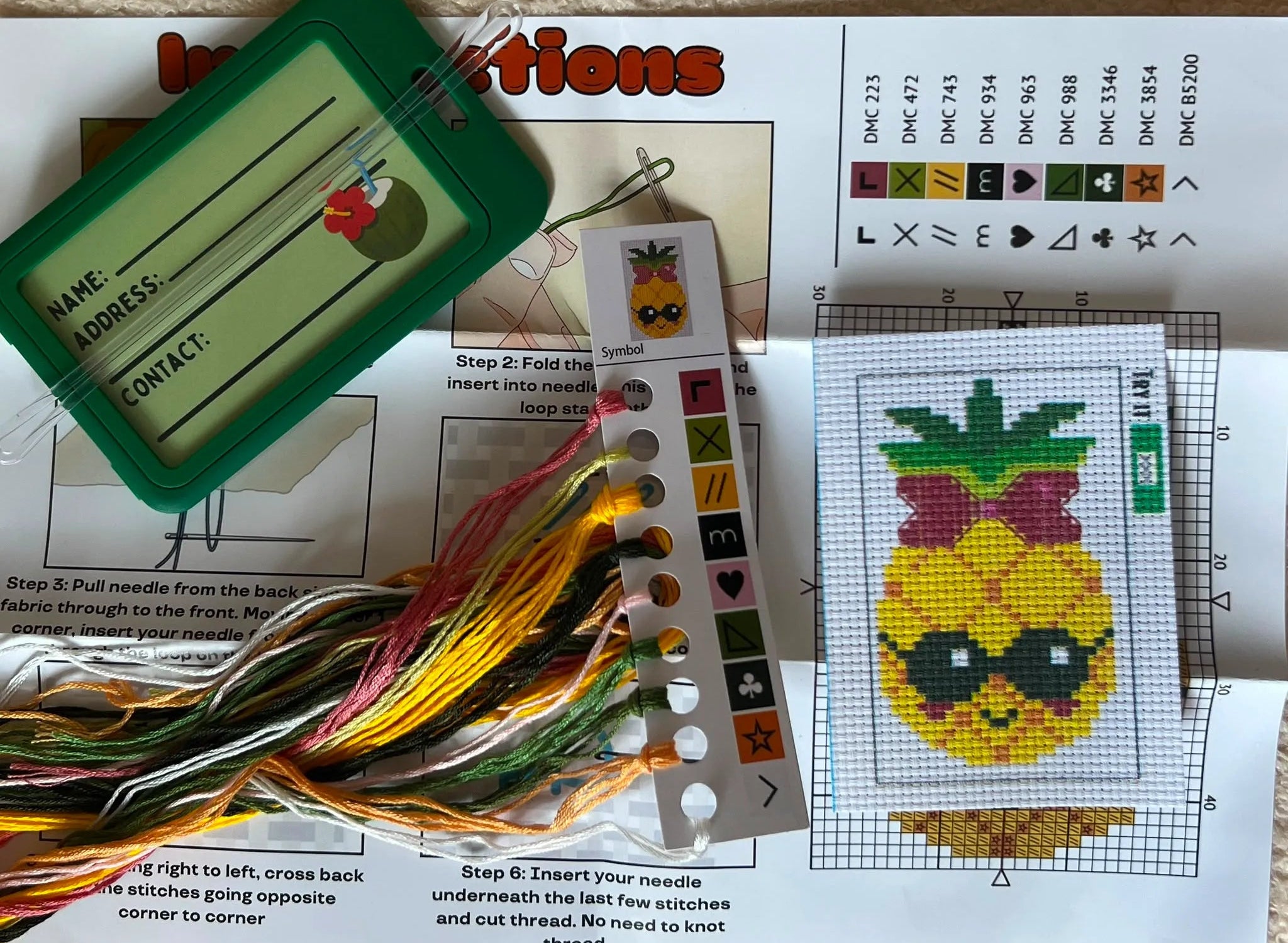 Lucy the Pineapple beginner cross stitch luggage tag kit by Jumpseat Therapy (view 2)