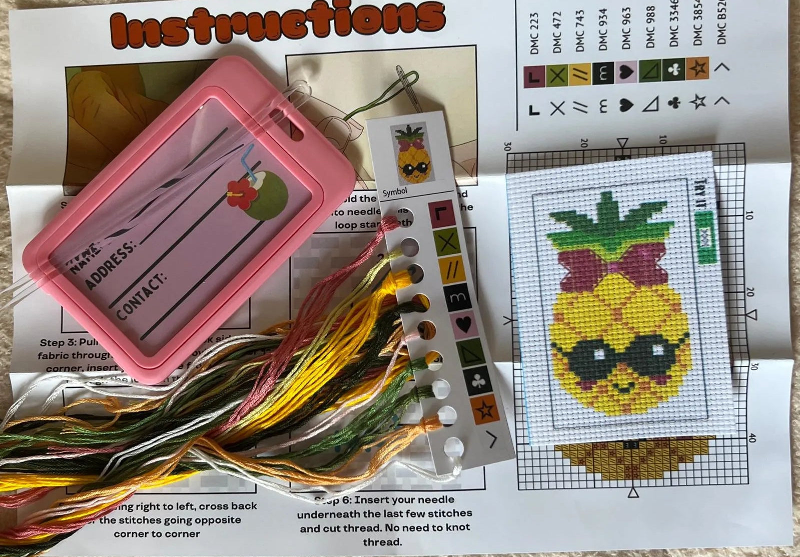 Lucy the Pineapple beginner cross stitch luggage tag kit by Jumpseat Therapy