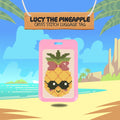 Cross stitch luggage tag with pineapple design on a tropical beach background