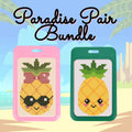Two pineapple-themed cross-stitch kits with pink and green frames on a beach background.