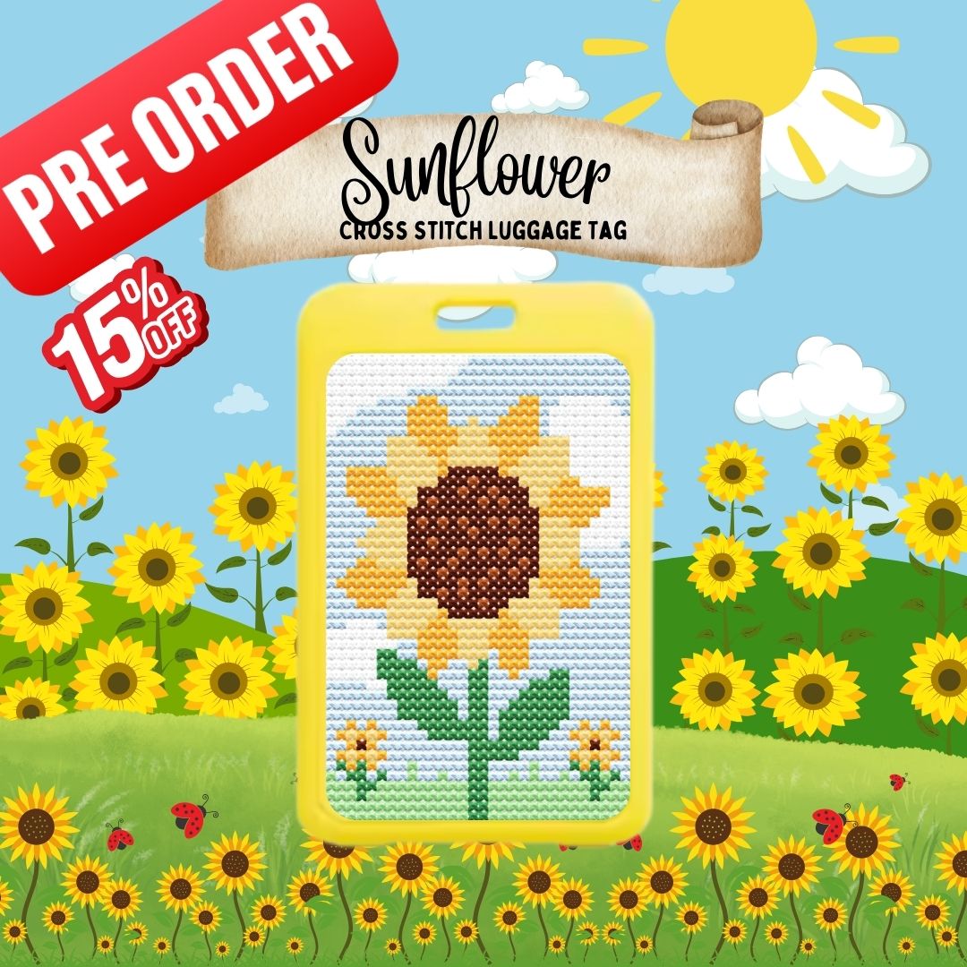 Sandra the Sunflower pre-order beginner cross stitch luggage tag kit by Jumpseat Therapy
