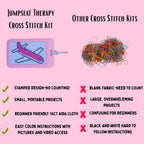 Comparison chart of Jumpseat Therapy Cross Stitch Kit versus other cross stitch kits on a pink background.