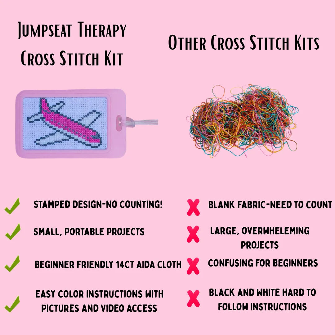 Comparison chart of Jumpseat Therapy Cross Stitch Kit versus other cross stitch kits on a pink background.