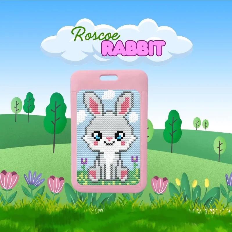 Roscoe the Rabbit beginner cross stitch luggage tag kit by Jumpseat Therapy — spring travel accessory