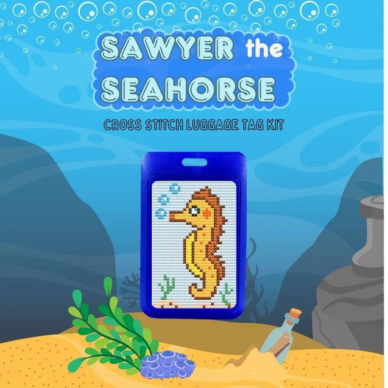 Sawyer the Seahorse beginner cross stitch luggage tag kit by Jumpseat Therapy — coastal travel accessory