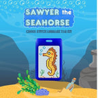 Sawyer the Seahorse beginner cross stitch luggage tag kit by Jumpseat Therapy — coastal travel accessory