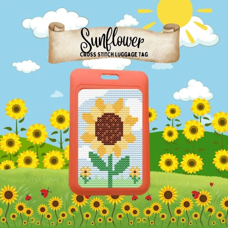 Sandra the Sunflower beginner cross stitch luggage tag kit by Jumpseat Therapy — floral travel accessory