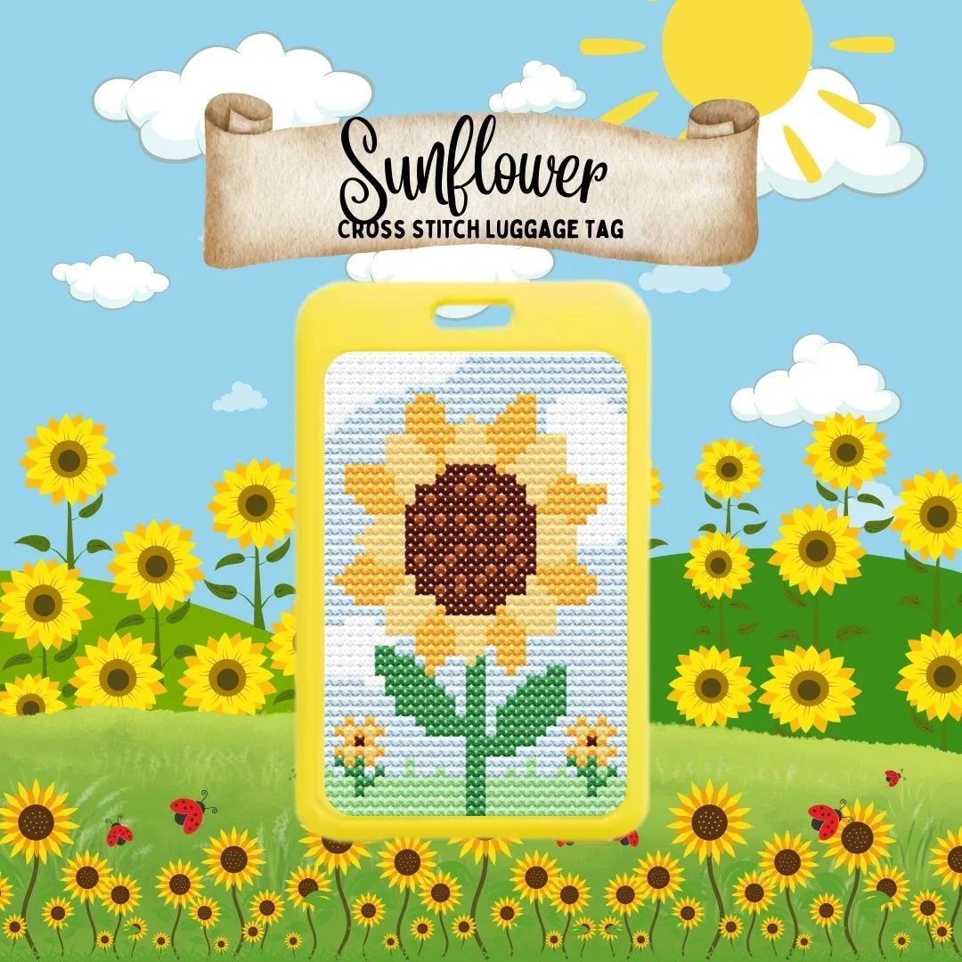 Sandra the Sunflower beginner cross stitch luggage tag kit by Jumpseat Therapy