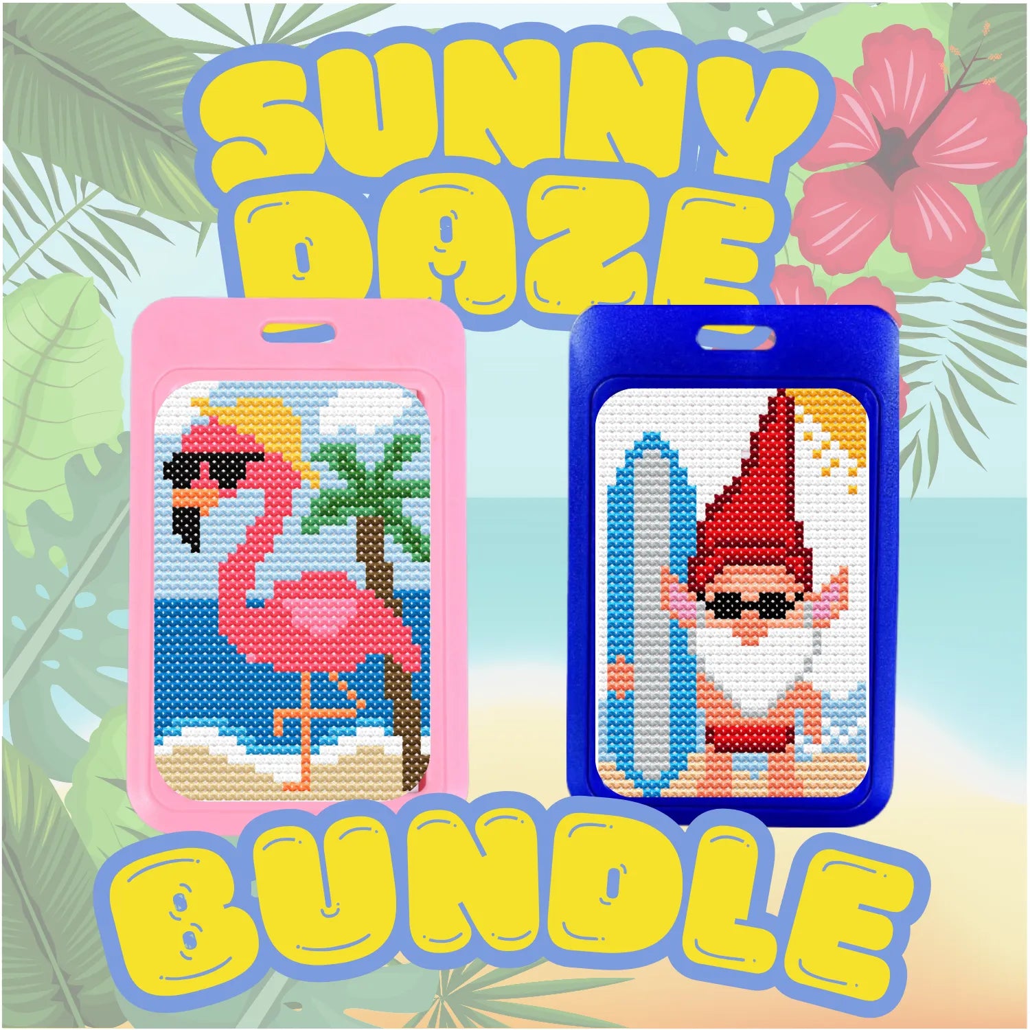Two cross-stitch pattern kits with a flamingo and gnome design, labeled 'Sunny Daze Bundle' on a tropical background.