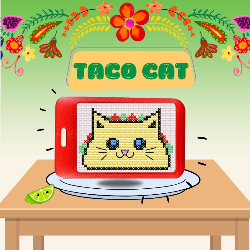 Taco Cat beginner cross stitch luggage tag kit by Jumpseat Therapy — fun fiesta travel accessory