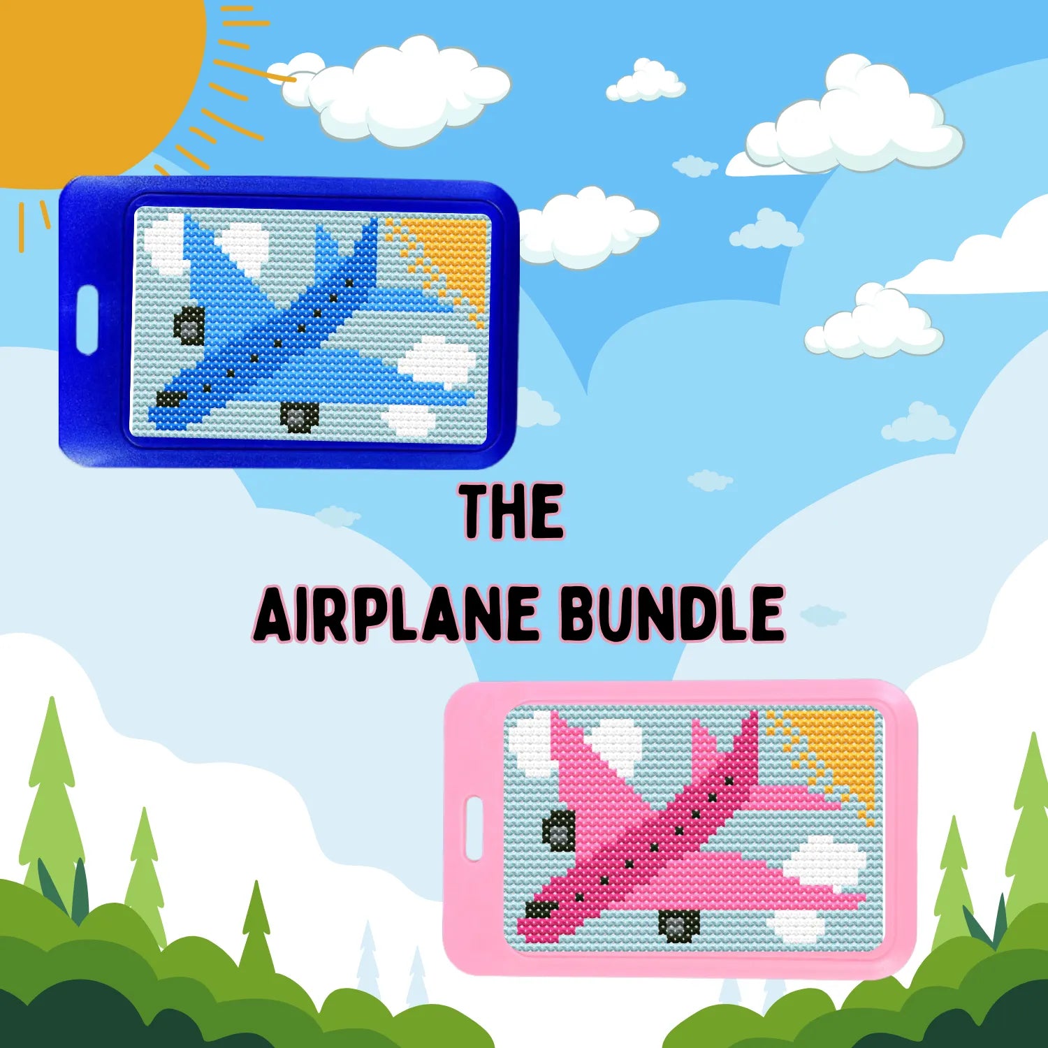 Illustration of airplane-themed cross stitch bundles with a scenic background.