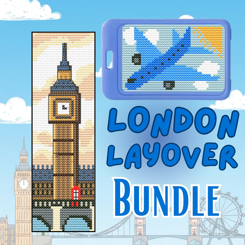 Cross-stitch pattern bundle with London-themed designs including Big Ben and a plane, set against a blue sky with clouds.