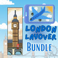 Cross-stitch pattern bundle with London-themed designs including Big Ben and a plane, set against a blue sky with clouds.