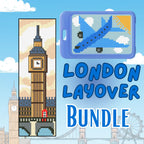 Cross-stitch pattern bundle with London-themed designs including Big Ben and a plane, set against a blue sky with clouds.