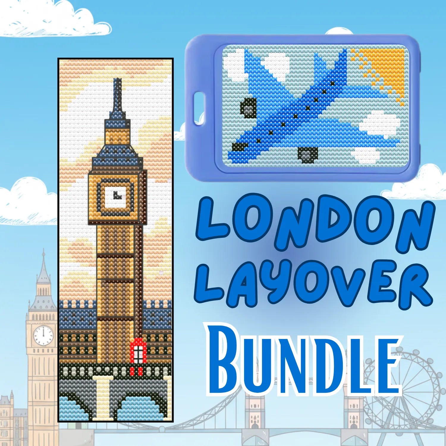 Cross-stitch pattern bundle with London-themed designs including Big Ben and a plane, set against a blue sky with clouds.