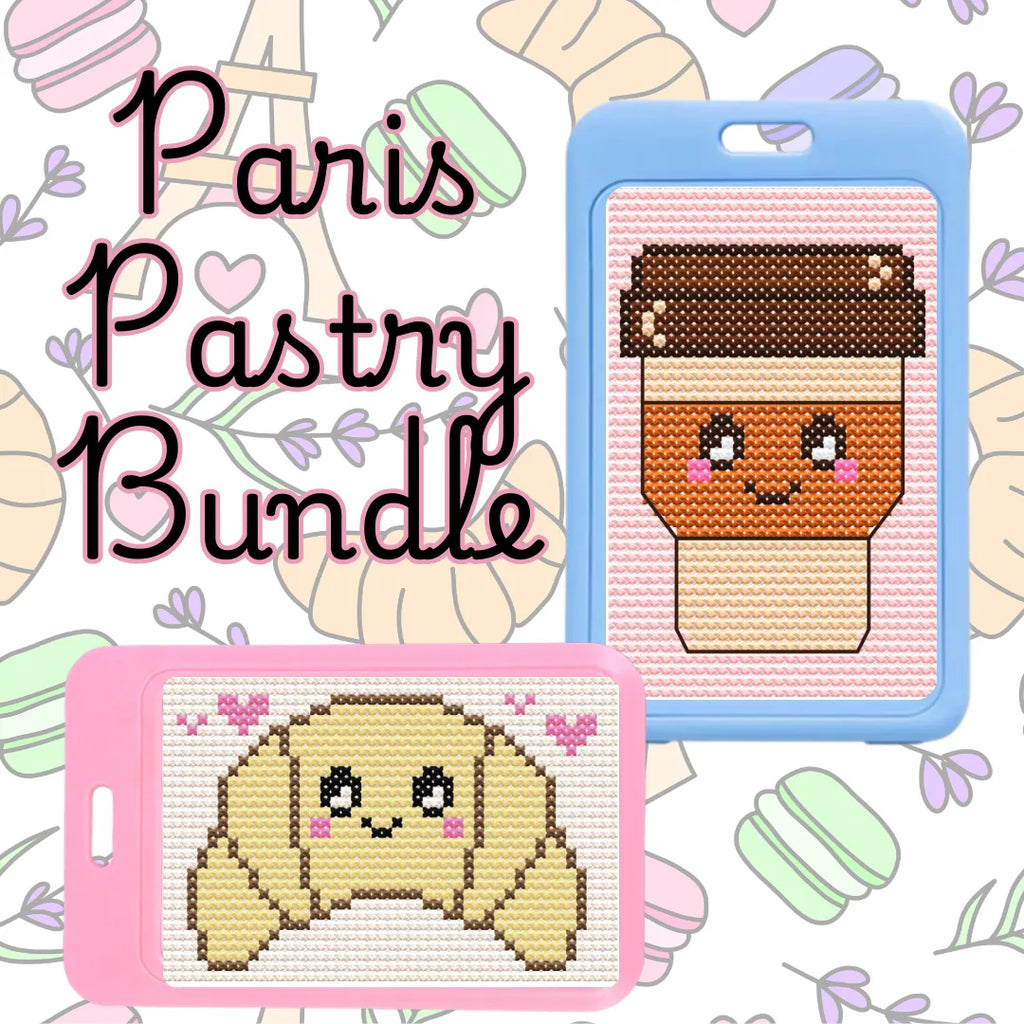 Cross-stitch patterns of a pastry and a cupcake on colorful frames with 'Paris Pastry Bundle' text.