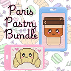 Cross-stitch patterns of a pastry and a cupcake on colorful frames with 'Paris Pastry Bundle' text.