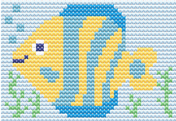 Vibrant yellow and blue fish cross-stitch pattern with bubbles