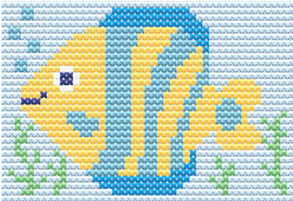 Vibrant yellow and blue fish cross-stitch pattern with bubbles